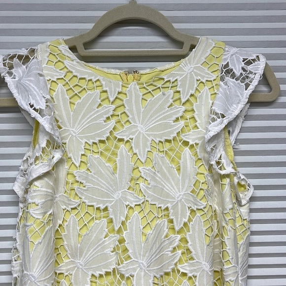 Tahari Petite White and Yellow Ruffle Sleeve Floral Embroidered Sheath Dress - Picture 5 of 9